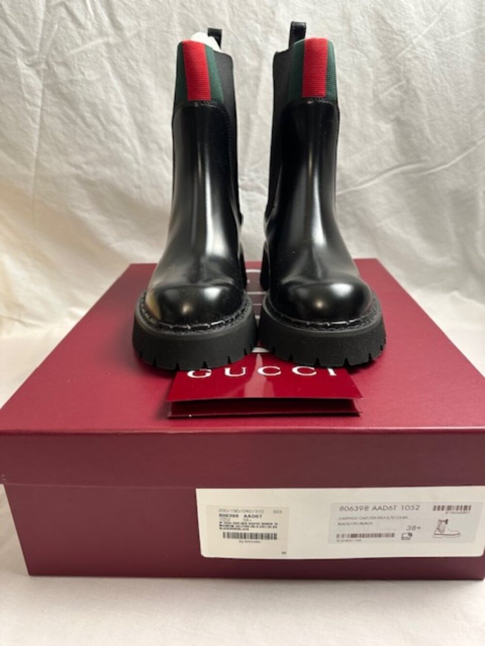 NEW GUCCI COMBAT LUG CHELSEA MAGNUM CALF WEB BLACK BOOT BOOTIE 38.5-8.5-8 1/2